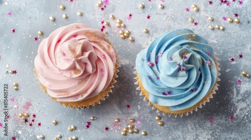 Gender Reveal Celebration Blue and Pink Party for Boy or Girl, Happy Baby Shower Announcement with Cute Illustration and attributes. Great as invitation card design template