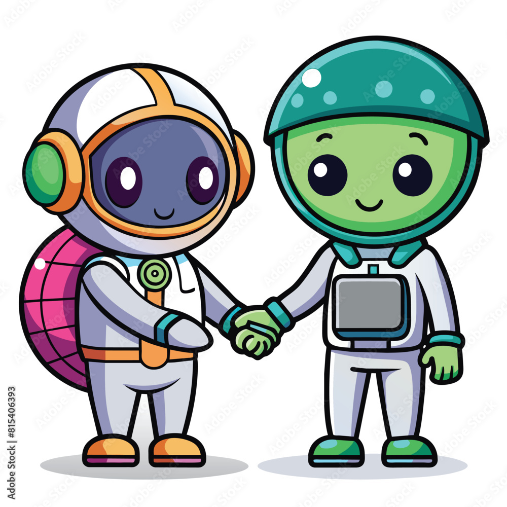 Cute Astronaut Handshake With Alien Cartoon Vector Icon Illustration Science Technology Isolated Cute Astronaut Handshake With Alien Cartoon Vector Icon Illustration Science Technology Isolated