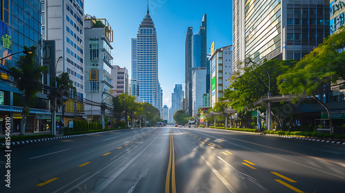 An empty  broad street  cityscape in the background with no people or vehicles. Skyscrapers tower under a clear blue sky