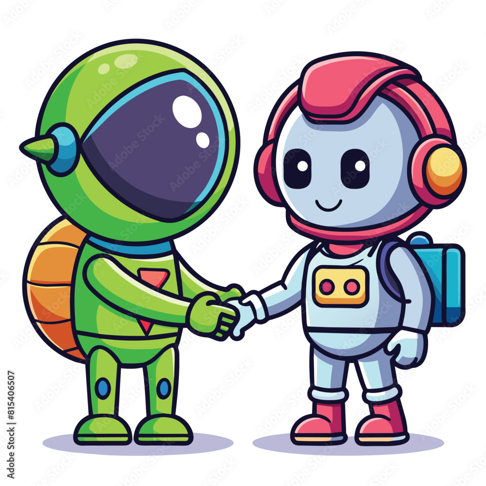 Fototapeta premium Cute Astronaut Handshake With Alien Cartoon Vector Icon Illustration Science Technology Isolated