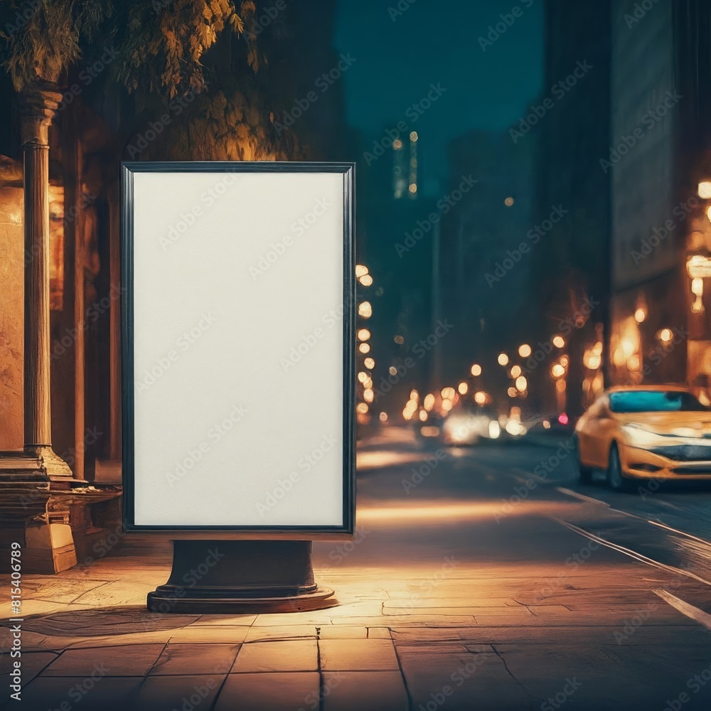 Mockup. Blank white vertical advertising banner billboard stand on the sidewalk at night.