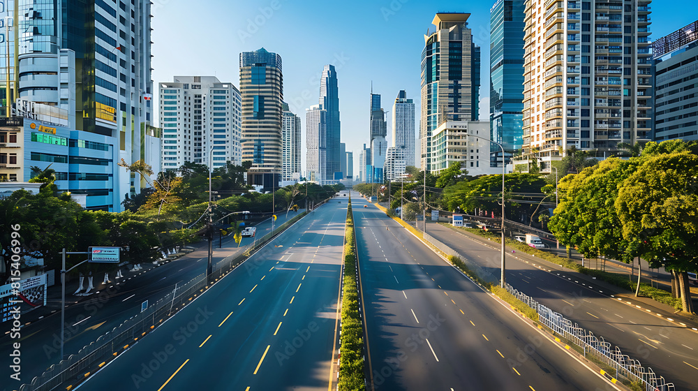 Fototapeta premium An empty, broad street, cityscape in the background with no people or vehicles. Skyscrapers tower under a clear blue sky
