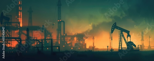 Oil extraction towers set against a dramatic sunset, highlighting the environmental impact of the oil industry photo