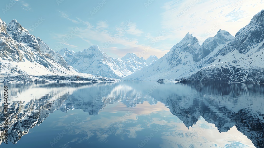 Serene lake reflecting snowcapped mountains, crisp morning light, mirror effect