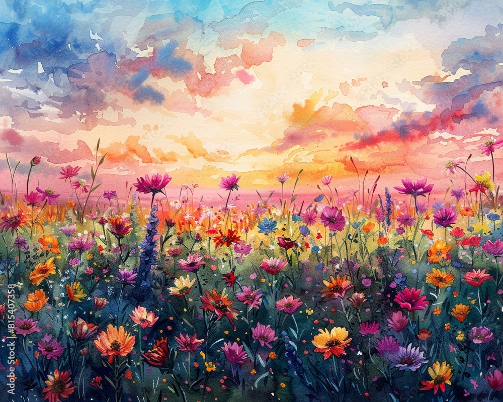 A watercolor painting of a wildflower field under a sunset sky, with vibrant colors and a dreamy nature background Generative AI A watercolor painting of a wildflower field under a sunset sky, with vibrant colors and a dreamy nature background Generative AI