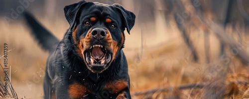 ferocious Rottweiler dog snarling, showing its teeth with a blurred green background. aggressive dog attack photo