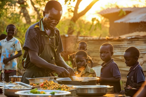 African man cooking for children outdoors at sunset.
