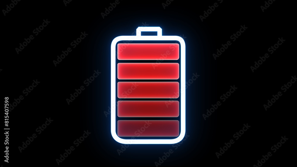 Neon glowing battery charging red indicator level low to full on black background. Neon battery fast charging Neon glowing battery charging red indicator level low to full on black background. Neon battery fast charging