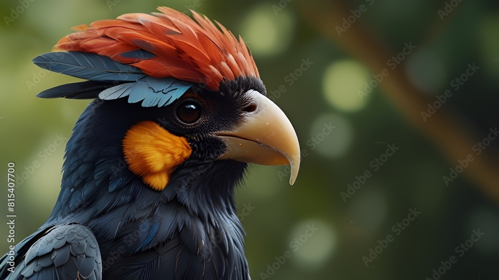 Obraz premium An avian wearing a helmet. Text space is provided.