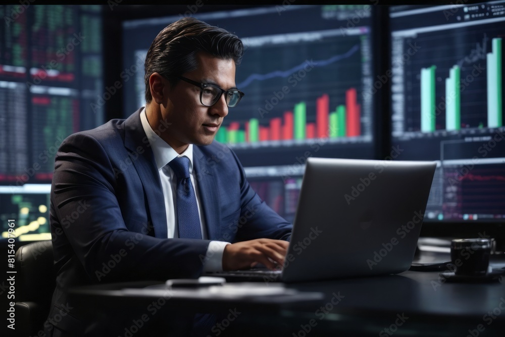 Businessman using laptop to analyze financial sales graph statistic and financial report with chart background Businessman using laptop to analyze financial sales graph statistic and financial report with chart background