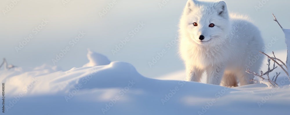 white Arctic fox staring calmly amidst a snowy backdrop, with its thick winter fur coat in the soft light white Arctic fox staring calmly amidst a snowy backdrop, with its thick winter fur coat in the soft light