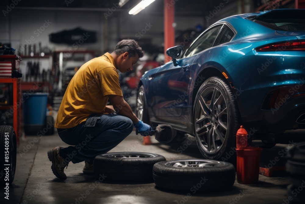 Male car mechanic changing tire in car repair shop. Male car mechanic changing tire in car repair shop.
