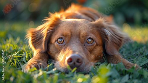 brown dog lying on the grass, looking at the camera