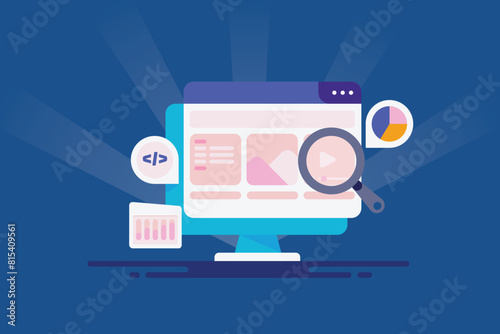 Concept of Website SEO content optimization coding and analytics intelligent marketing vector illustration.