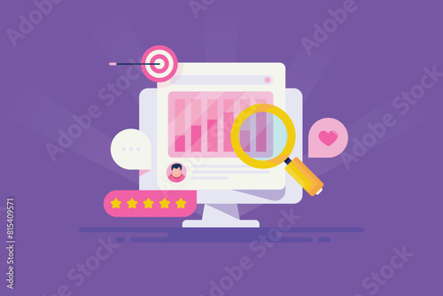 Web data analytics business intelligence software display information report on screen, vector illustration.