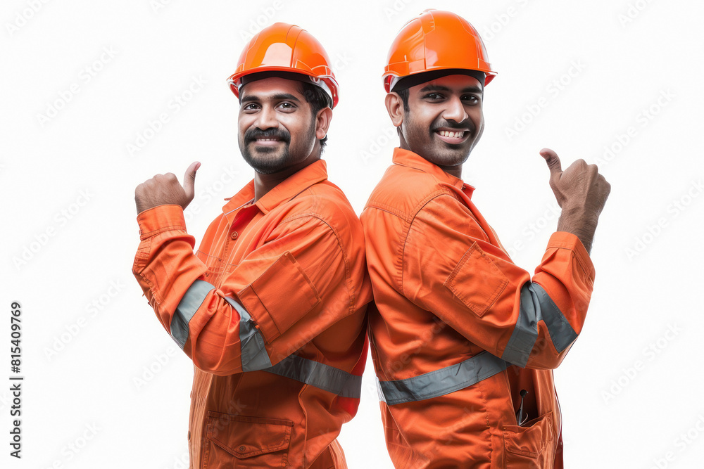 Two indian men engineer showing thumps up on white background