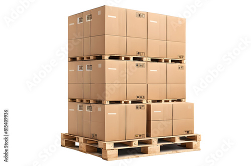 Optimize your logistics visuals with this set of cardboard boxes on pallets, isolated on a transparent background, perfect for shipping and warehouse projects.