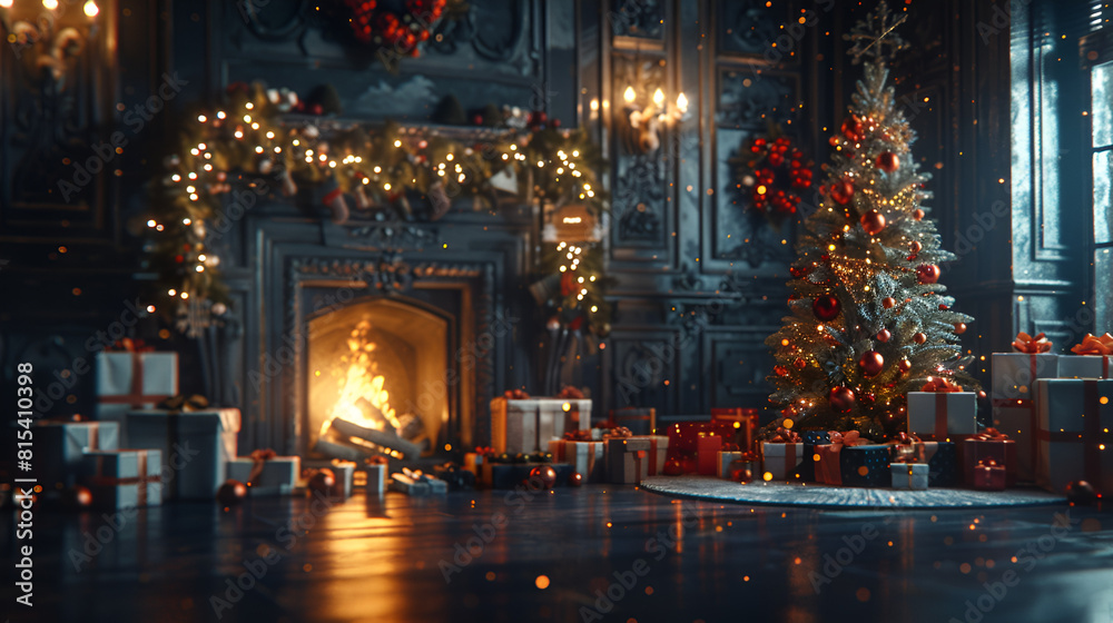 Christmas presents under tree, in front of decorated fire place Christmas presents under tree, in front of decorated fire place, Generative  AI