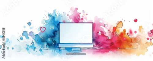 A website banner with an illustration of the computer screen and social media icons on a white background in the watercolor art style using cheerful colors