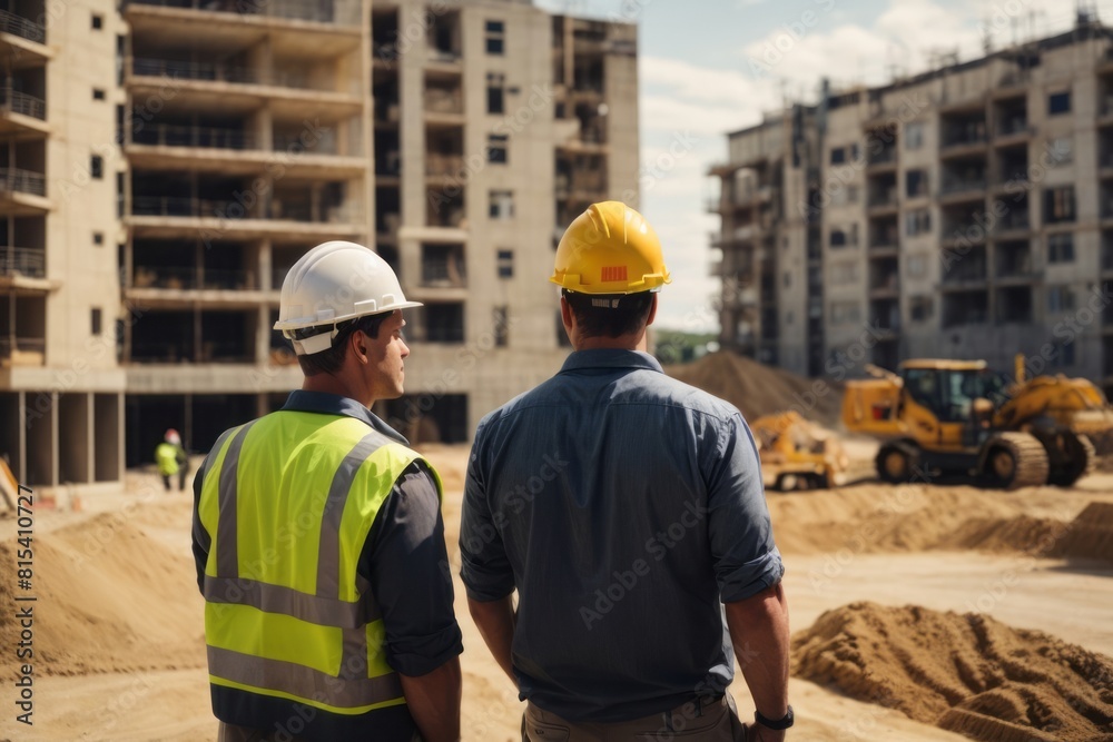 Male investor and project manager discussing at construction site of apartment real estate building Male investor and project manager discussing at construction site of apartment real estate building