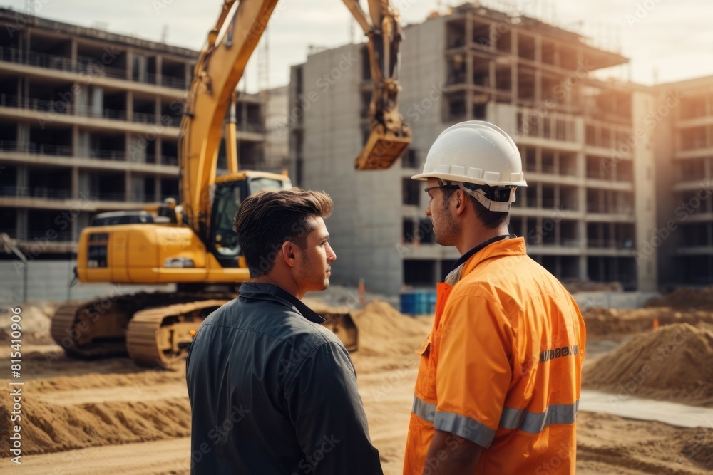 Male investor and project manager discussing at construction site of apartment real estate building Male investor and project manager discussing at construction site of apartment real estate building