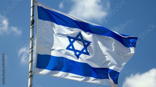 A flag of Israel is waving in the wind. The flag has a blue background with a white stripe on each side.