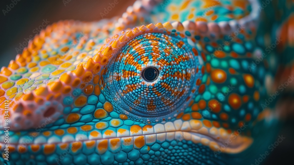 Fototapeta premium Vivid Macro Detail of a Chameleon's Eye. Intensely detailed macro photograph of a chameleon's eye, showcasing vibrant colors and unique patterns of its textured skin.