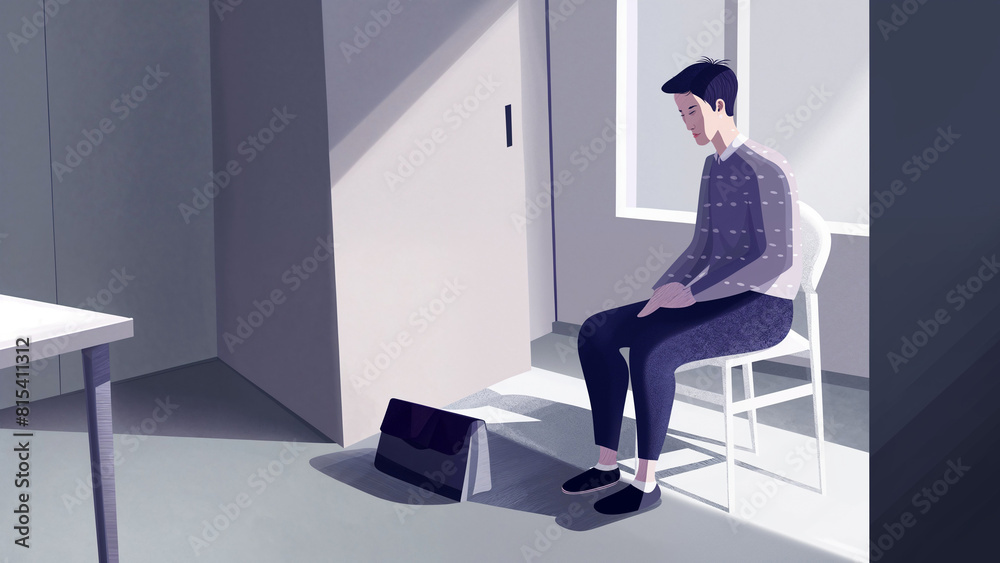 Man seated alone, Job loss contemplating in sparse modern interior, Quiet introspection serene patience still sadness, Layoff fired without work Man seated alone, Job loss contemplating in sparse modern interior, Quiet introspection serene patience still sadness, Layoff fired without work