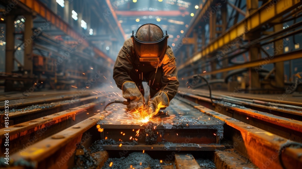 A welder working on the expansion of a steel manufacturing plant. A welder working on the expansion of a steel manufacturing plant.