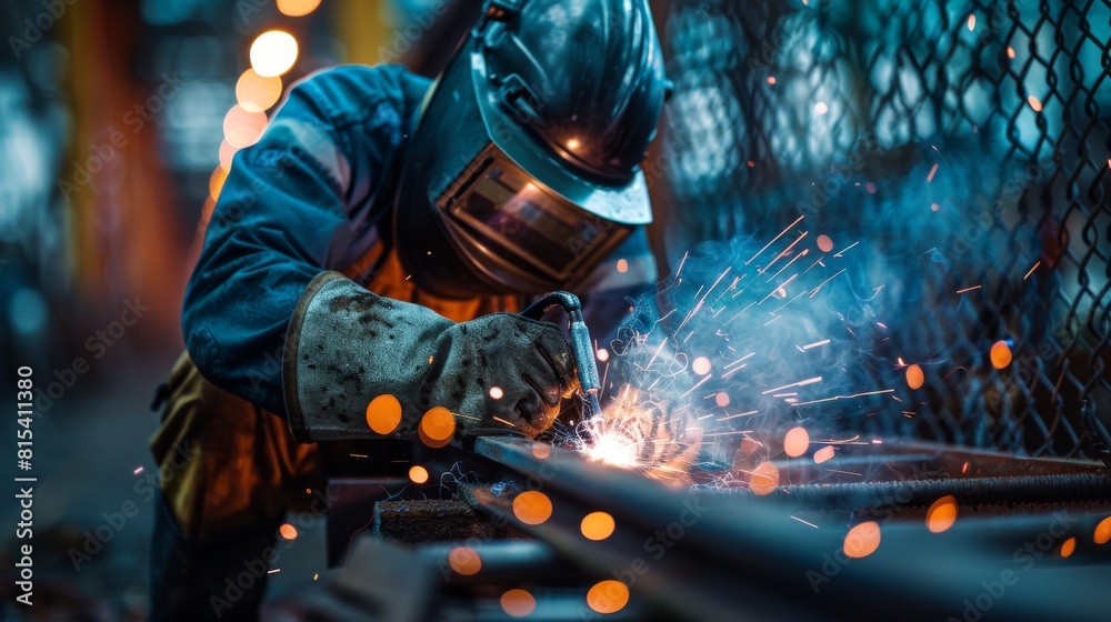 A welder working on a security fence around a critical infrastructure site. A welder working on a security fence around a critical infrastructure site.