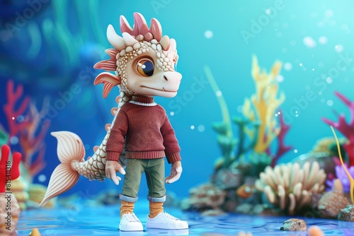 Oceanic dragon in maroon, green jeans, amidst coral reefs, soft lighting, clay effect, hyper detailed. photo