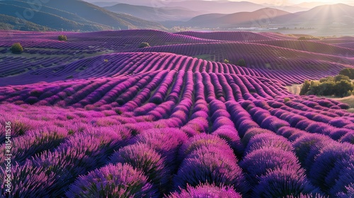 Amazing view of endless lavender fields stretching into the distance  with rolling hills and mountains in the background.