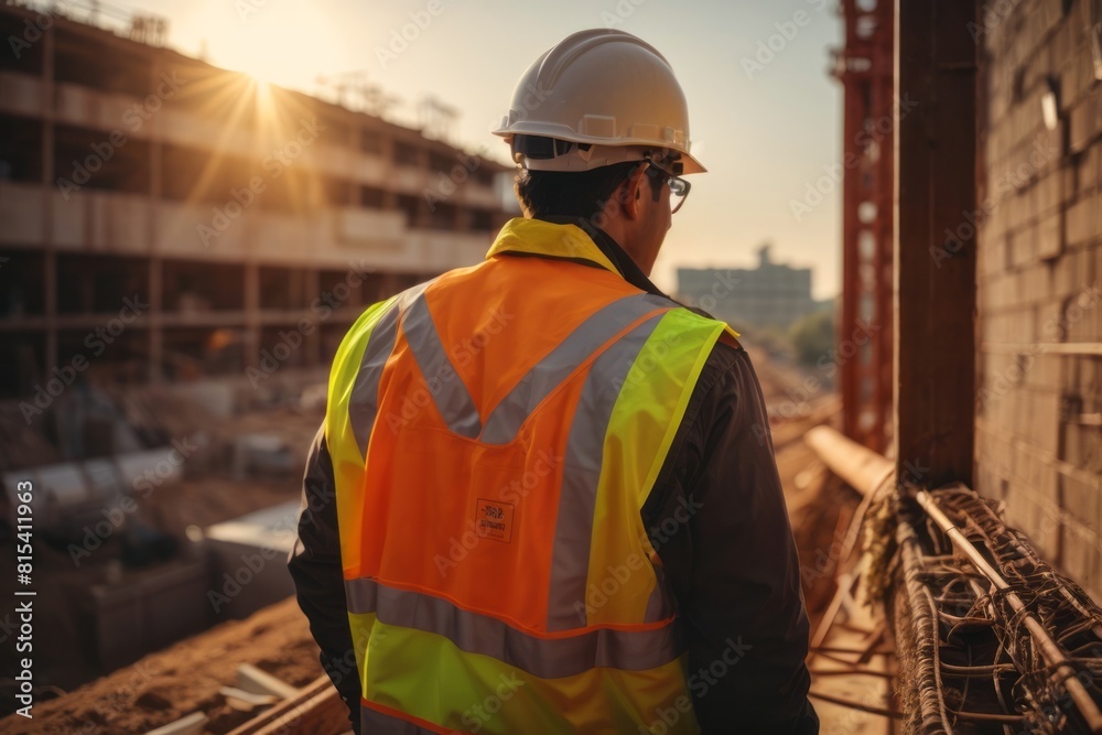 back view of civil engineer working and supervising building construction at construction site back view of civil engineer working and supervising building construction at construction site