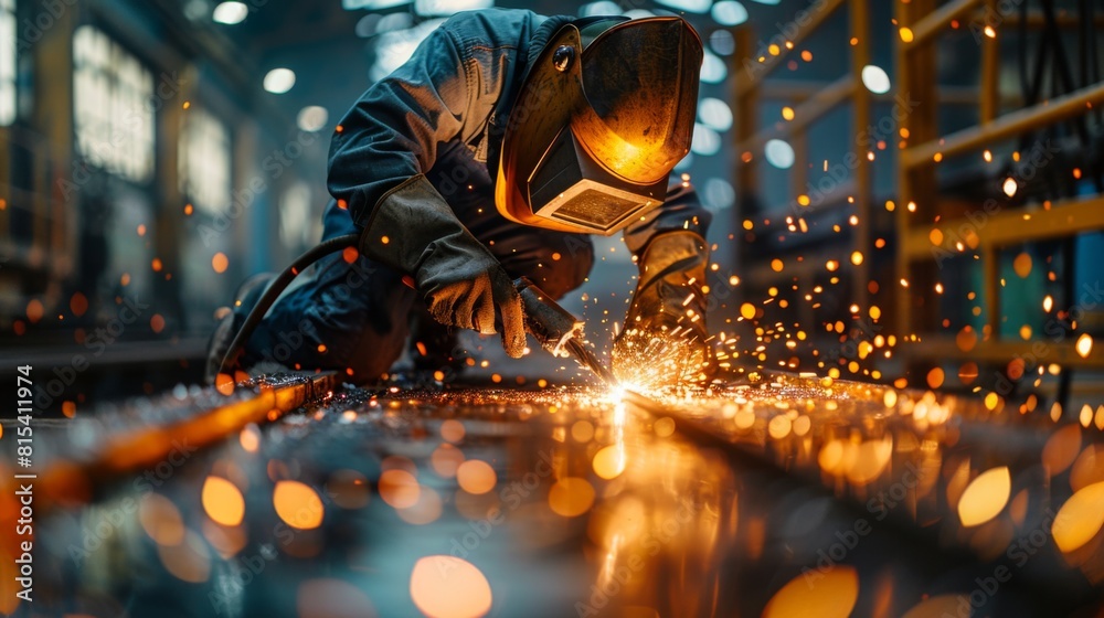 A welder using a plasma cutter to shape metal sheets for an infrastructure project.