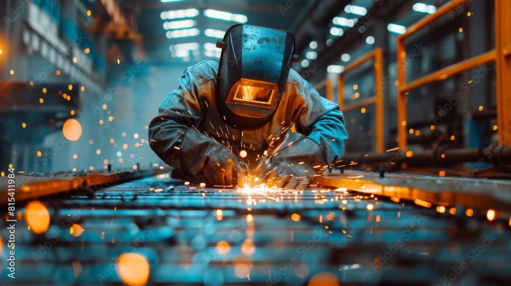 A welder using a plasma cutter to shape metal sheets for an infrastructure project. A welder using a plasma cutter to shape metal sheets for an infrastructure project.