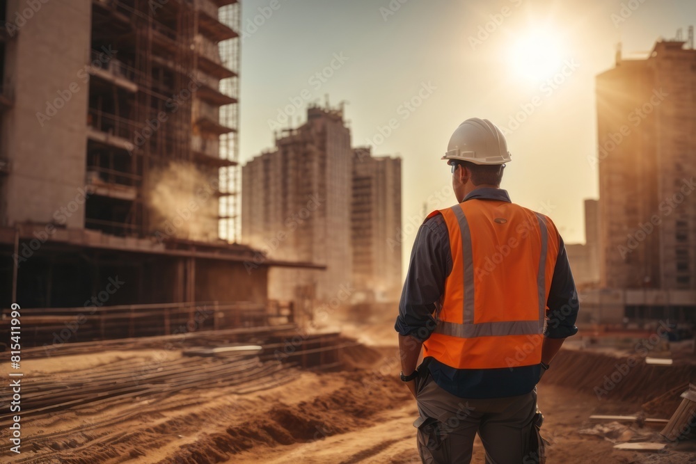 back view of civil engineer working and supervising building construction at construction site