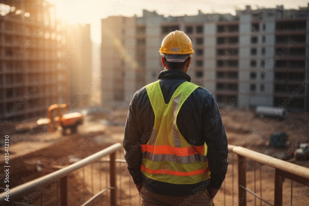 back view of civil engineer working and supervising building construction at construction site back view of civil engineer working and supervising building construction at construction site