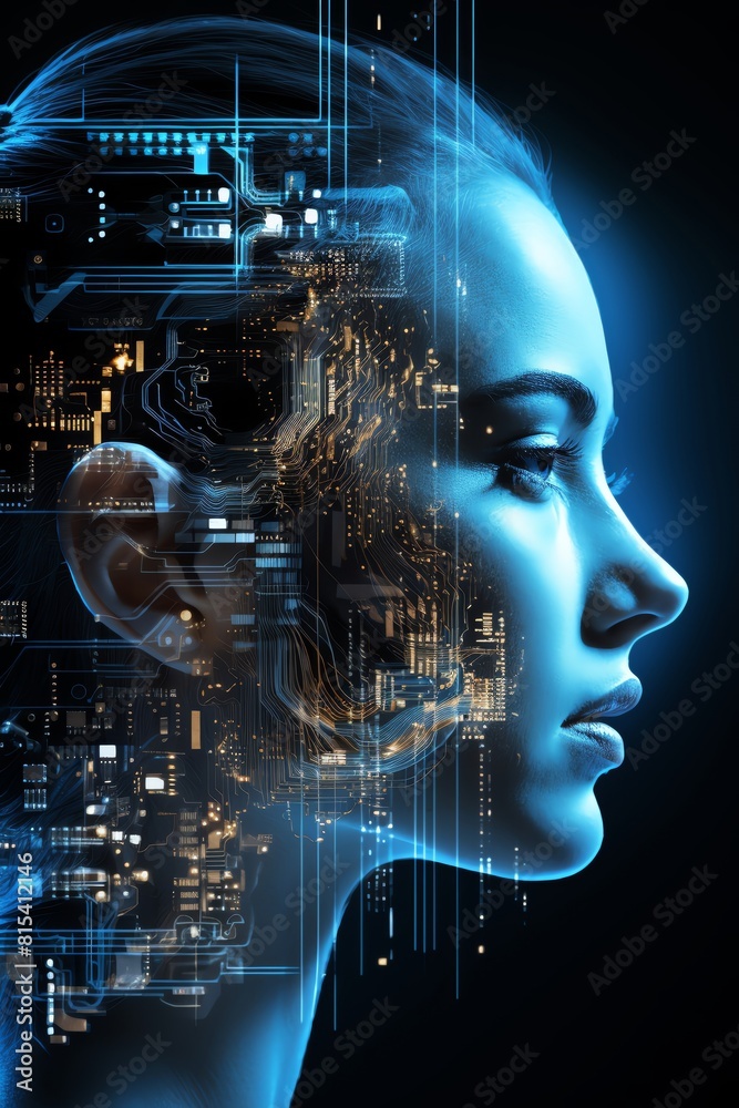 A woman's face is shown in a blue and black color scheme with a lot of lines The image is of a futuristic woman with a lot of technology surrounding her A woman's face is shown in a blue and black color scheme with a lot of lines The image is of a futuristic woman with a lot of technology surrounding her