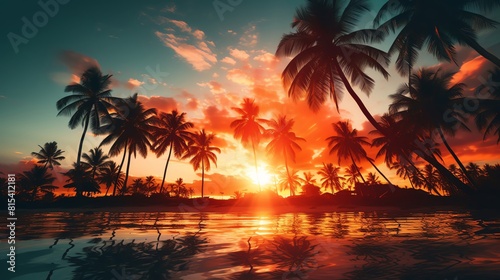 A beautiful sunset over a tropical beach with palm trees © rattapornkul