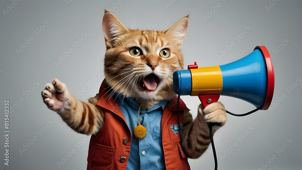 Fototapeta premium A funny cat holding a megaphone for announcement