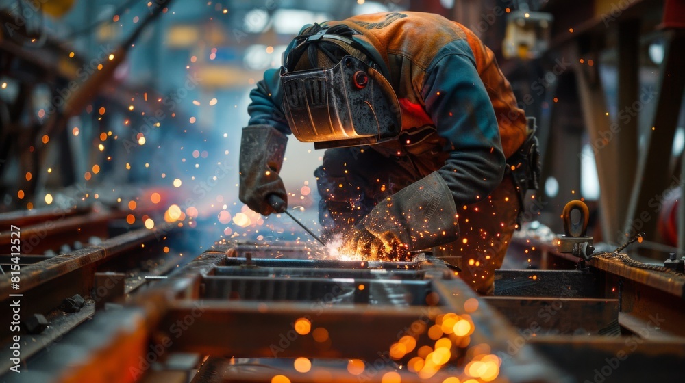 A welder reinforcing the steel framework of a flood barrier.