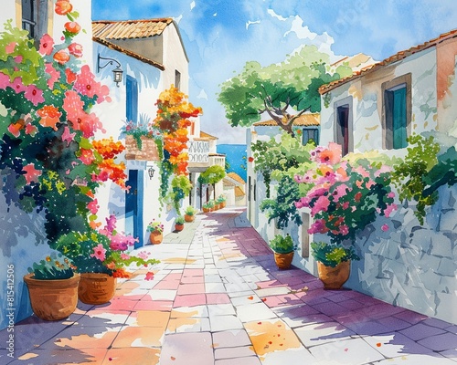 A watercolor illustration of a quaint village street, with colorful buildings and charming background elements Generative AI