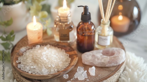 Bath salts and aromatherapy essential oils with a pink quartz crystal and candles on a wooden table.
