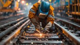 A welder performing emergency repairs on a damaged railway track.