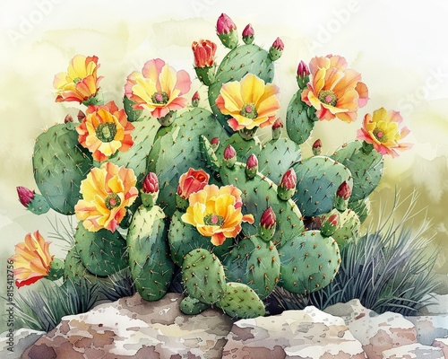 A watercolor illustration of a blooming cactus in the desert, with vibrant flowers against a soft, natural background Generative AI