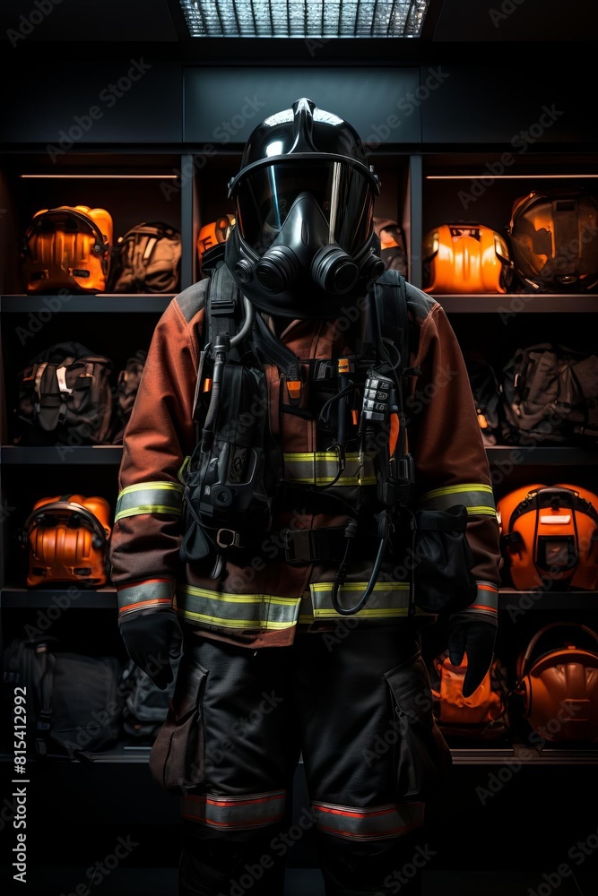 Firefighter in bunker gear standing in front of a wall of helmets.