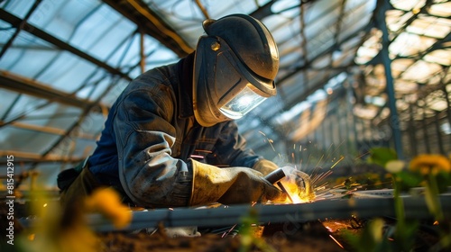 A welder making adjustments to the metal roof of a commercial greenhouse.