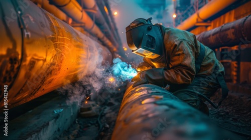 A welder in the early morning light welding a pipeline in an energy plant. photo