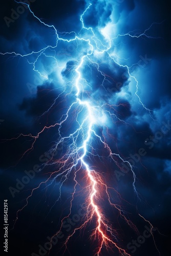 Blue and red lightning bolts strike from dark clouds during a thunderstorm.