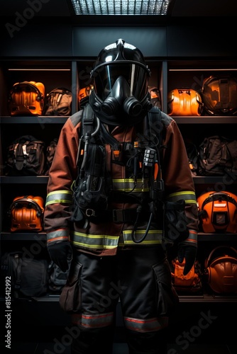 Firefighter in bunker gear standing in front of a wall of helmets.